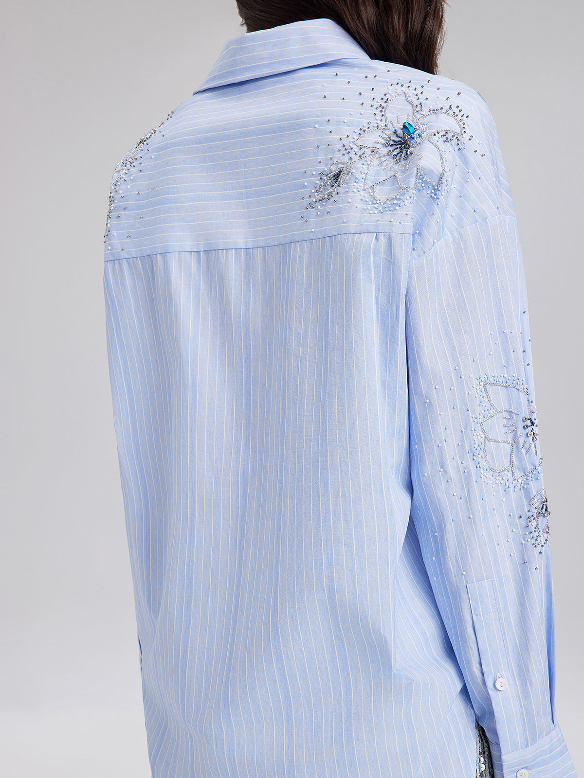 Hand-Beaded Floral Striped Shirt