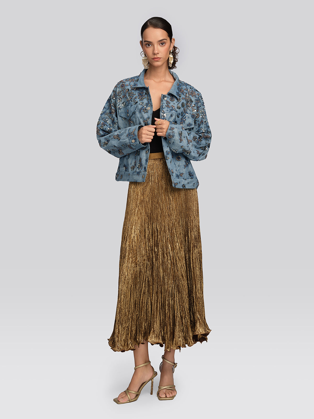 Washed Denim Floral Beaded Sequin Jacket