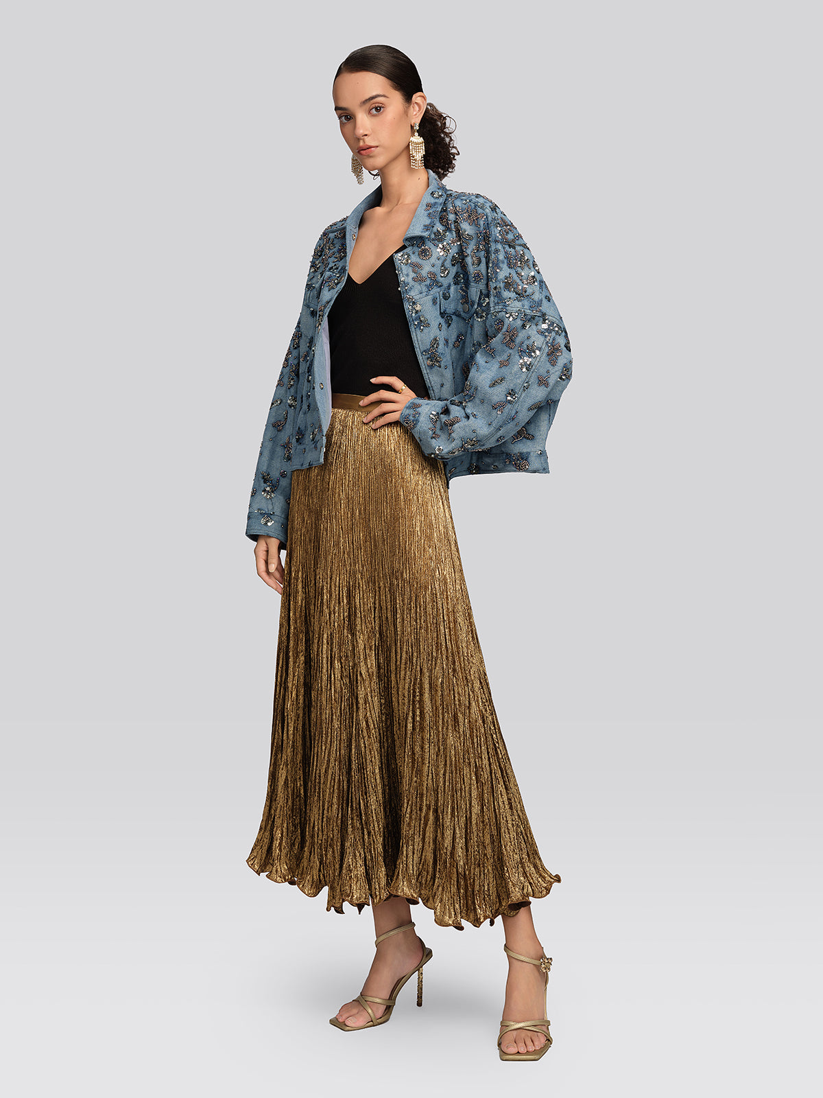 Golden Textured Pleated Mermaid Skirt