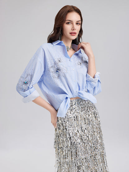 Hand-Beaded Floral Striped Shirt