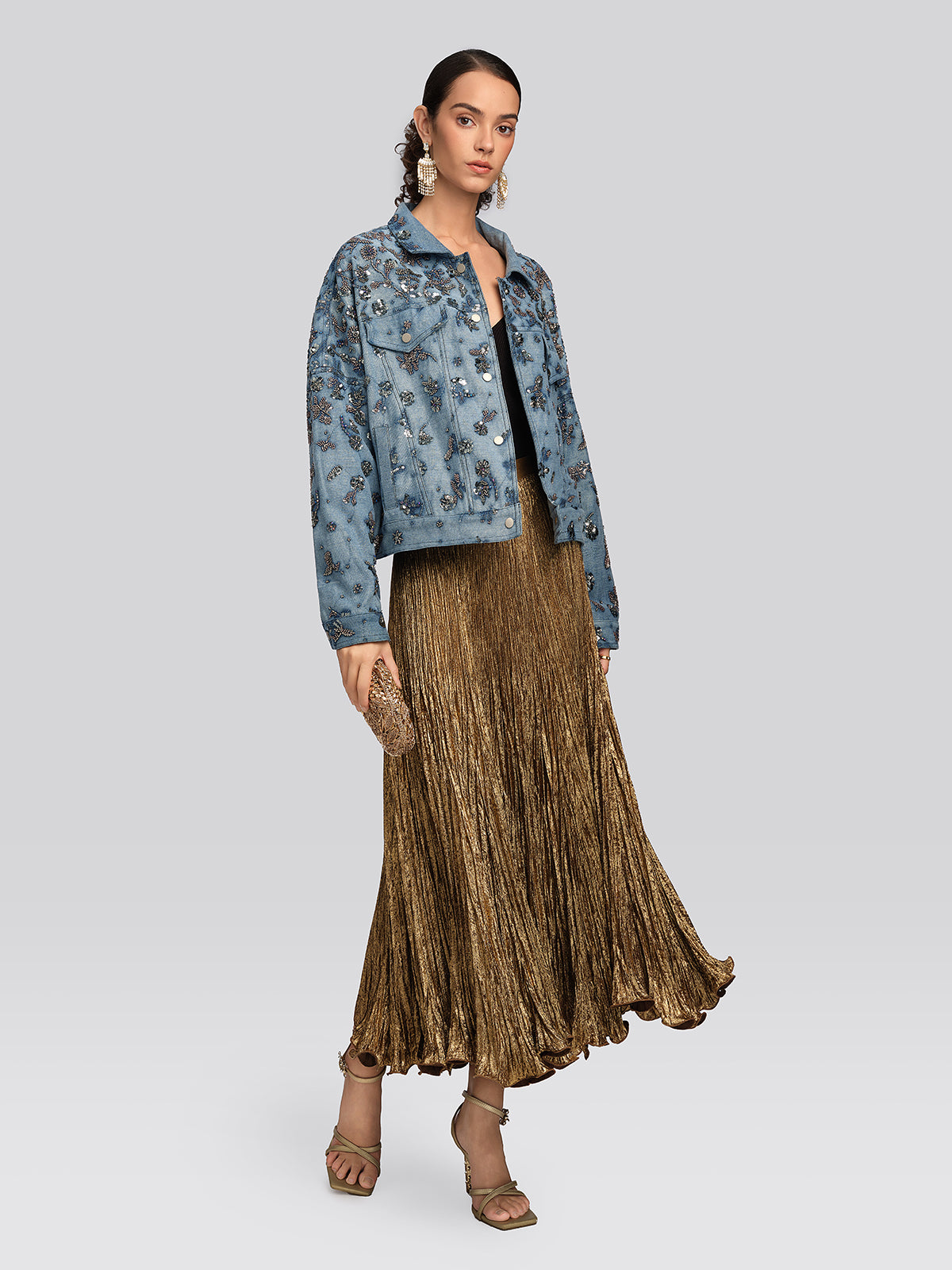 Washed Denim Floral Beaded Sequin Jacket