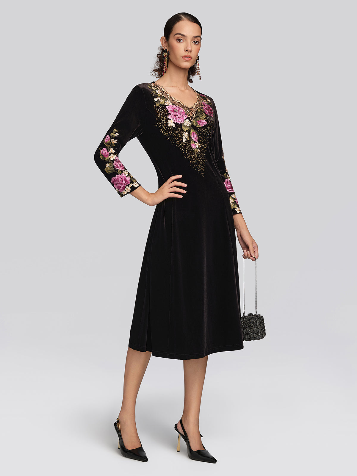 Velvet Rose Embroidered Rhinestone Dress