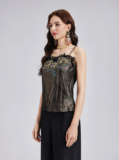 Metallic Knit Lace Beaded Camisole