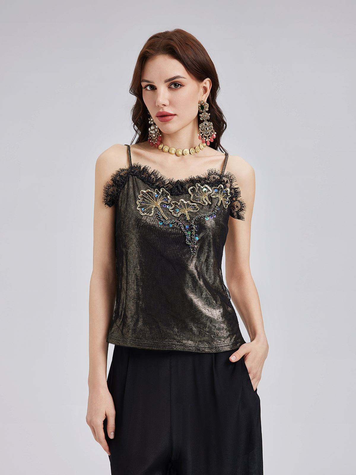 Metallic Knit Lace Beaded Camisole