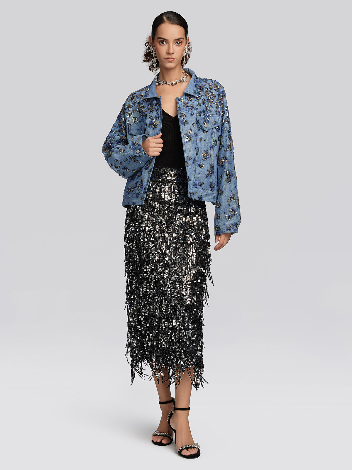 Washed Denim Floral Beaded Sequin Jacket