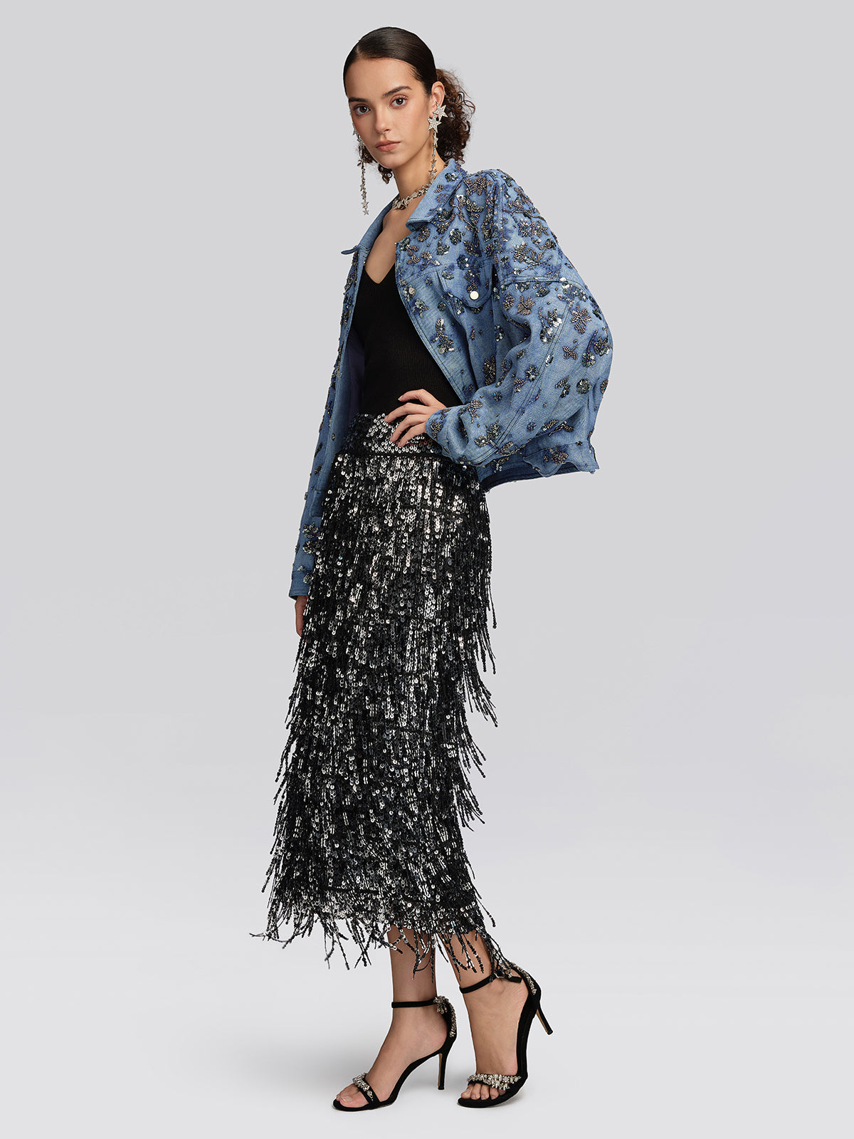 Washed Denim Floral Beaded Sequin Jacket
