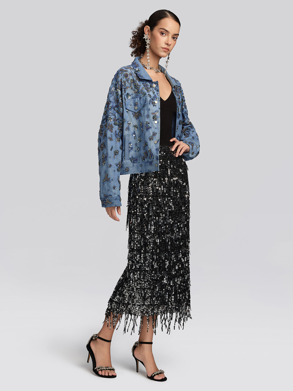 Washed Denim Floral Beaded Sequin Jacket