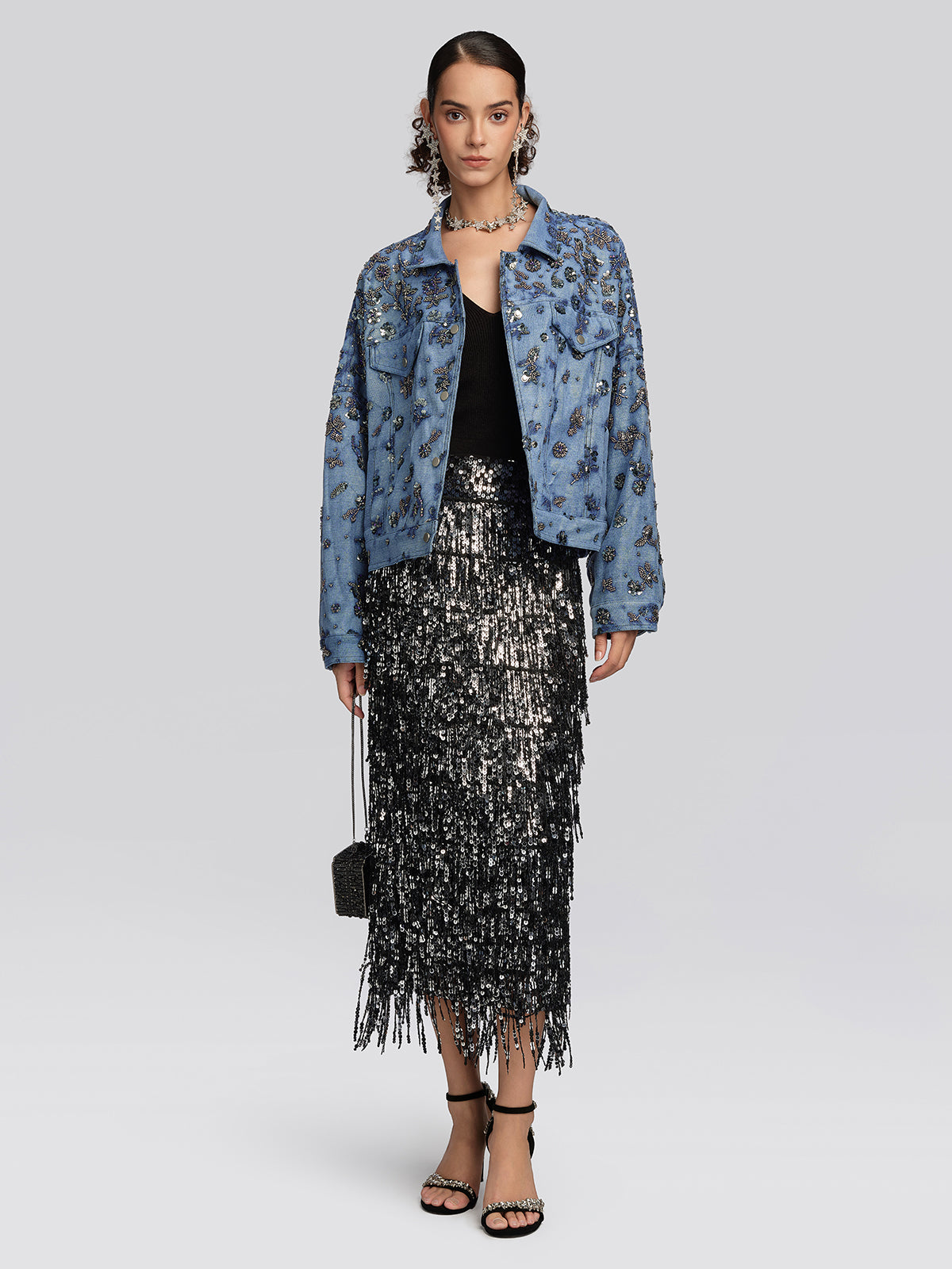 Washed Denim Floral Beaded Sequin Jacket
