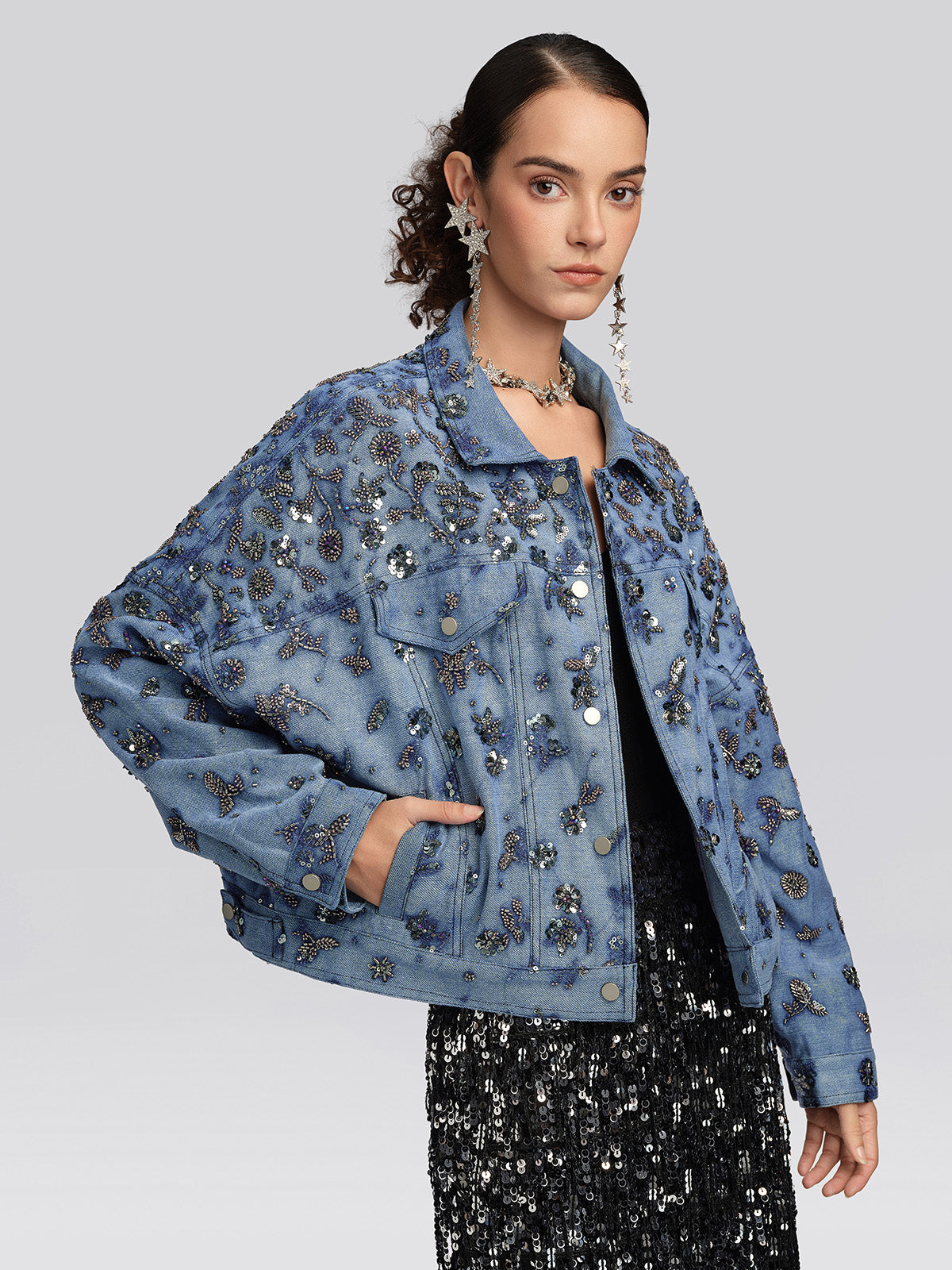 Washed Denim Floral Beaded Sequin Jacket