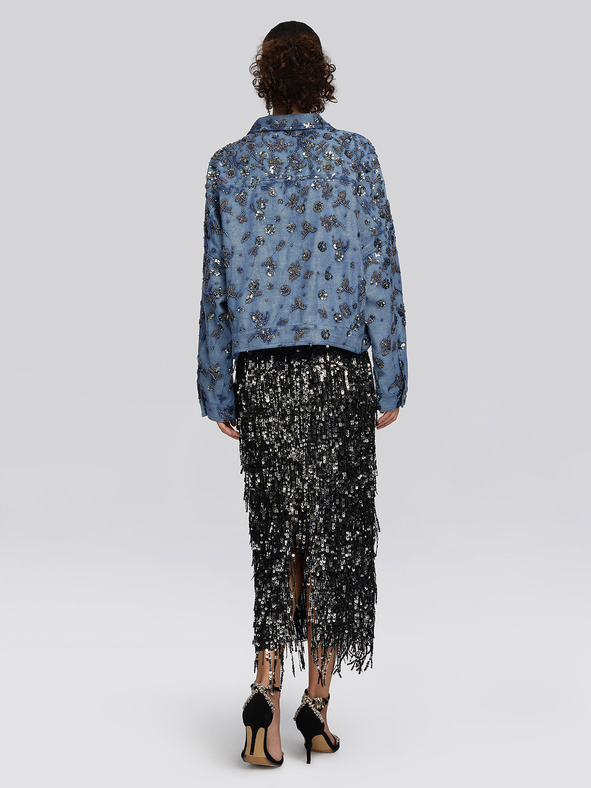 Washed Denim Floral Beaded Sequin Jacket