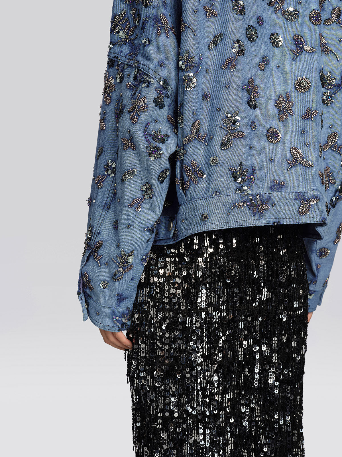 Washed Denim Floral Beaded Sequin Jacket