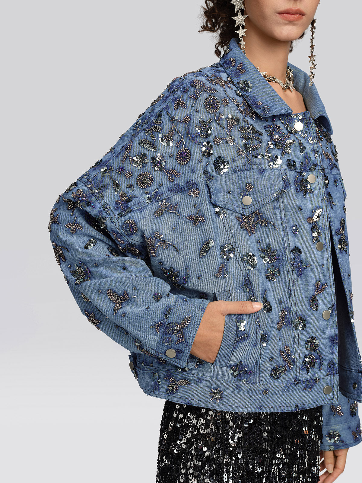 Washed Denim Floral Beaded Sequin Jacket