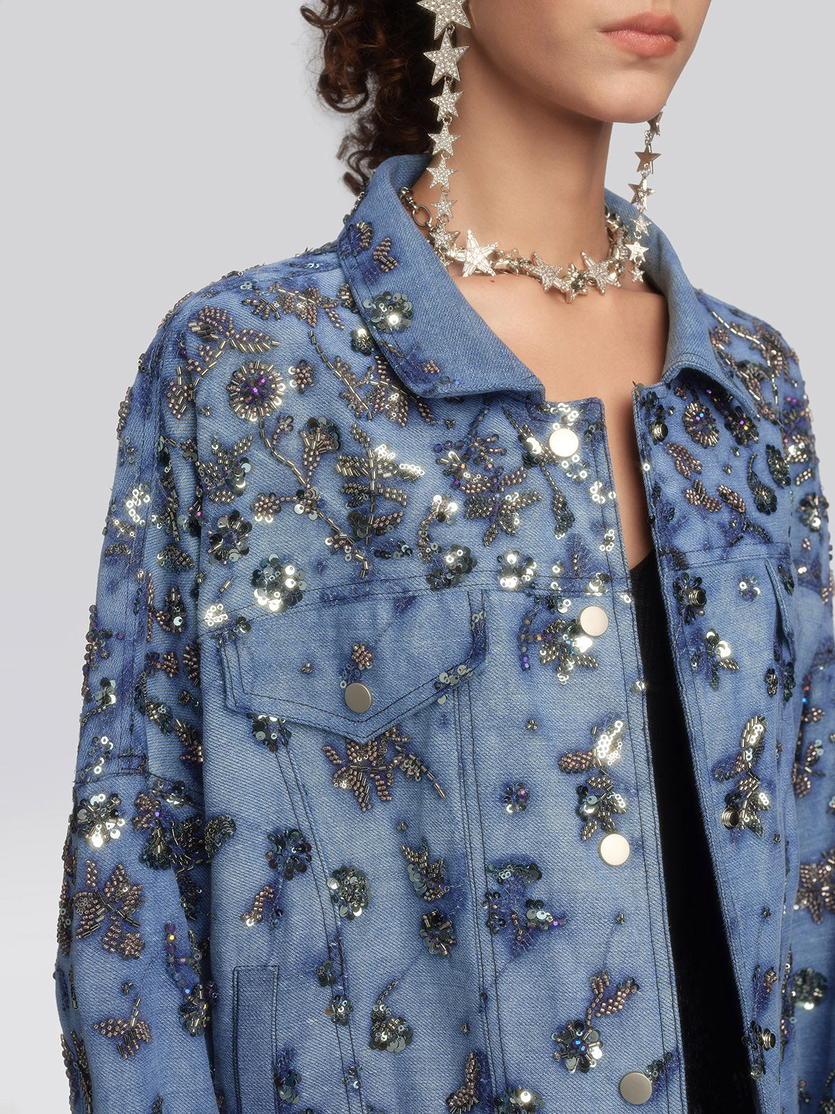 Washed Denim Floral Beaded Sequin Jacket