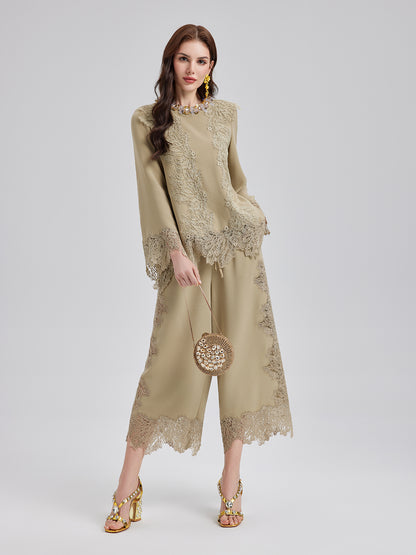 Elegant Lace-Trim Cropped Pants
