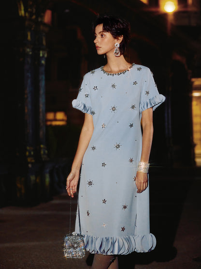 Hand-Sewn Beaded Floral-Trim Dress