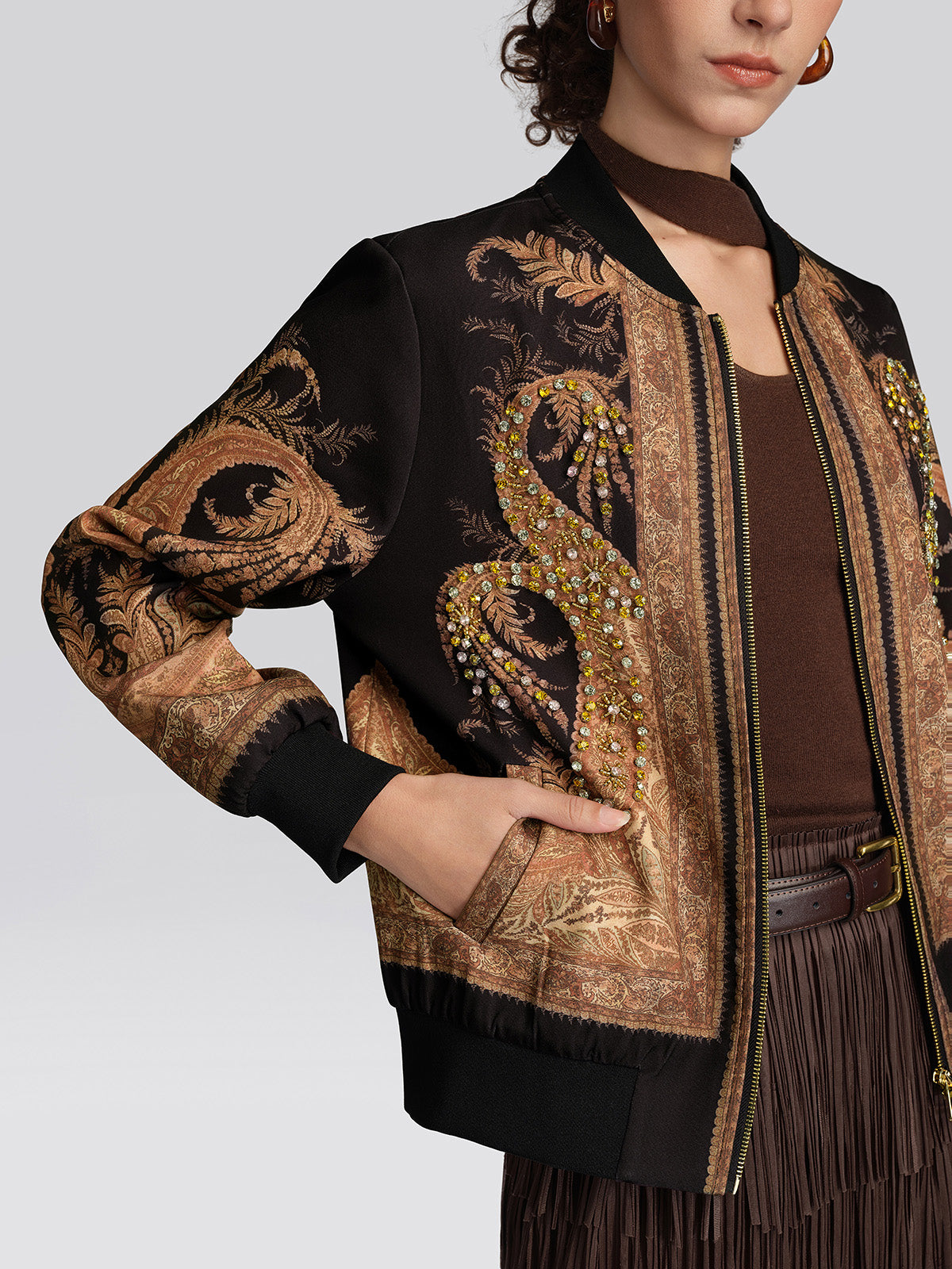 Paisley Print Rhinestone Bomber Jacket