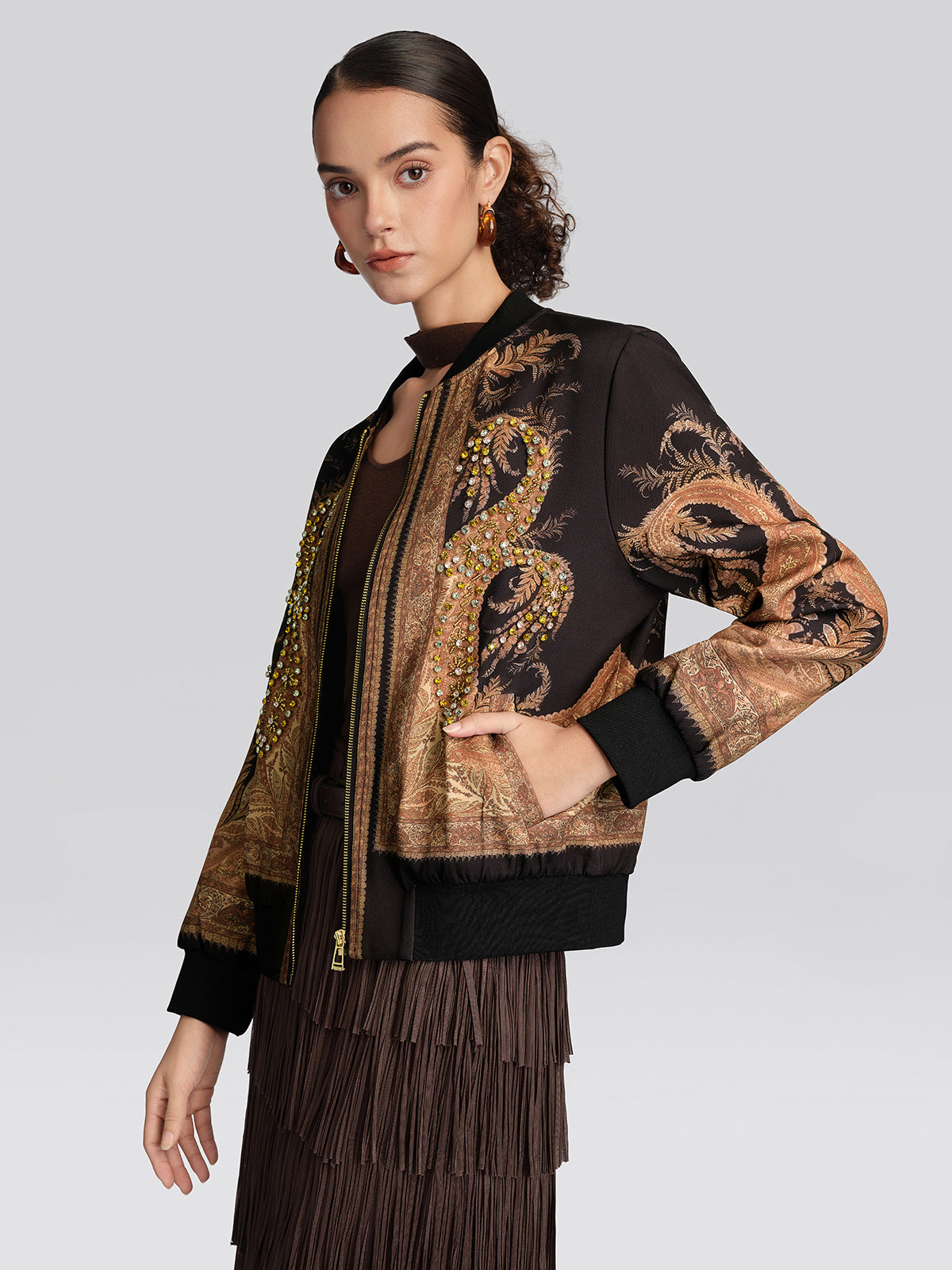 Paisley Print Rhinestone Bomber Jacket