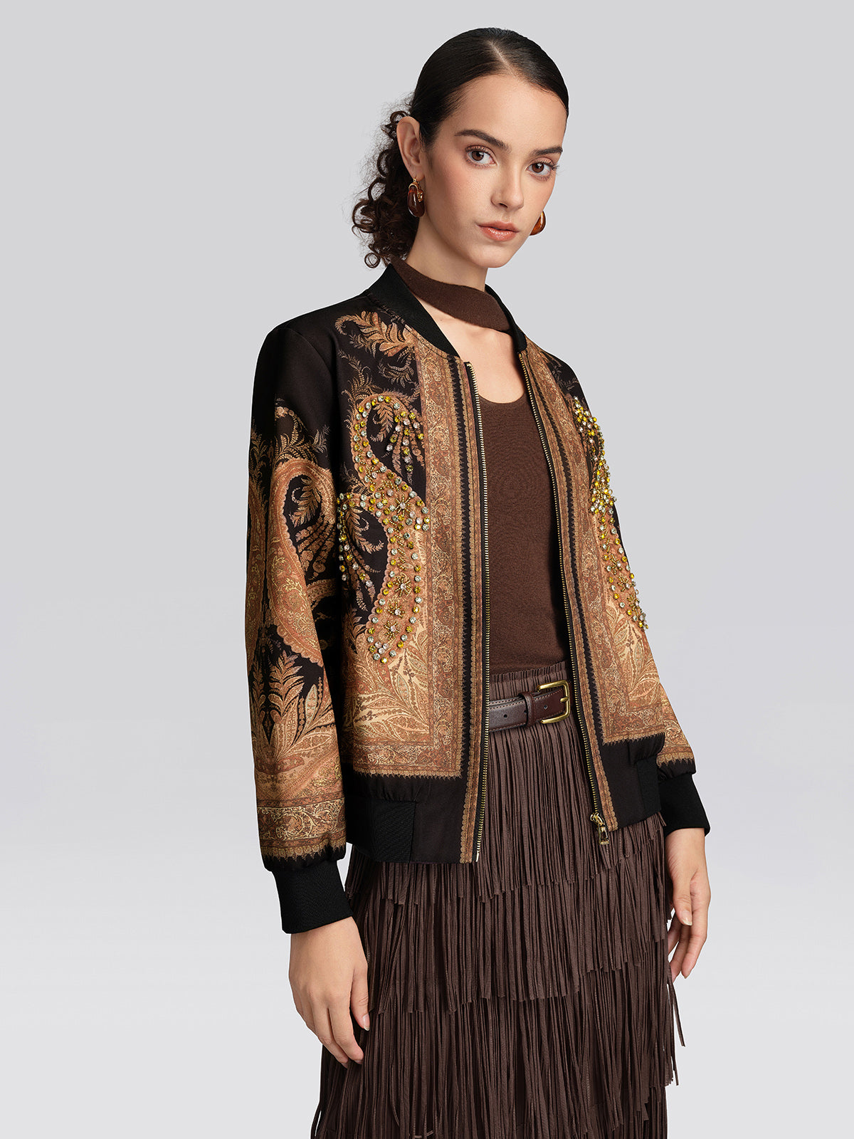 Paisley Print Rhinestone Bomber Jacket
