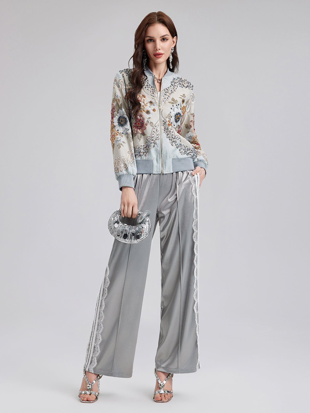 Silver Lace Trim Wide Leg Pants