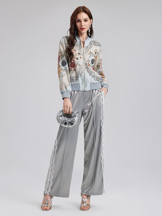 Silver Lace Trim Wide Leg Pants