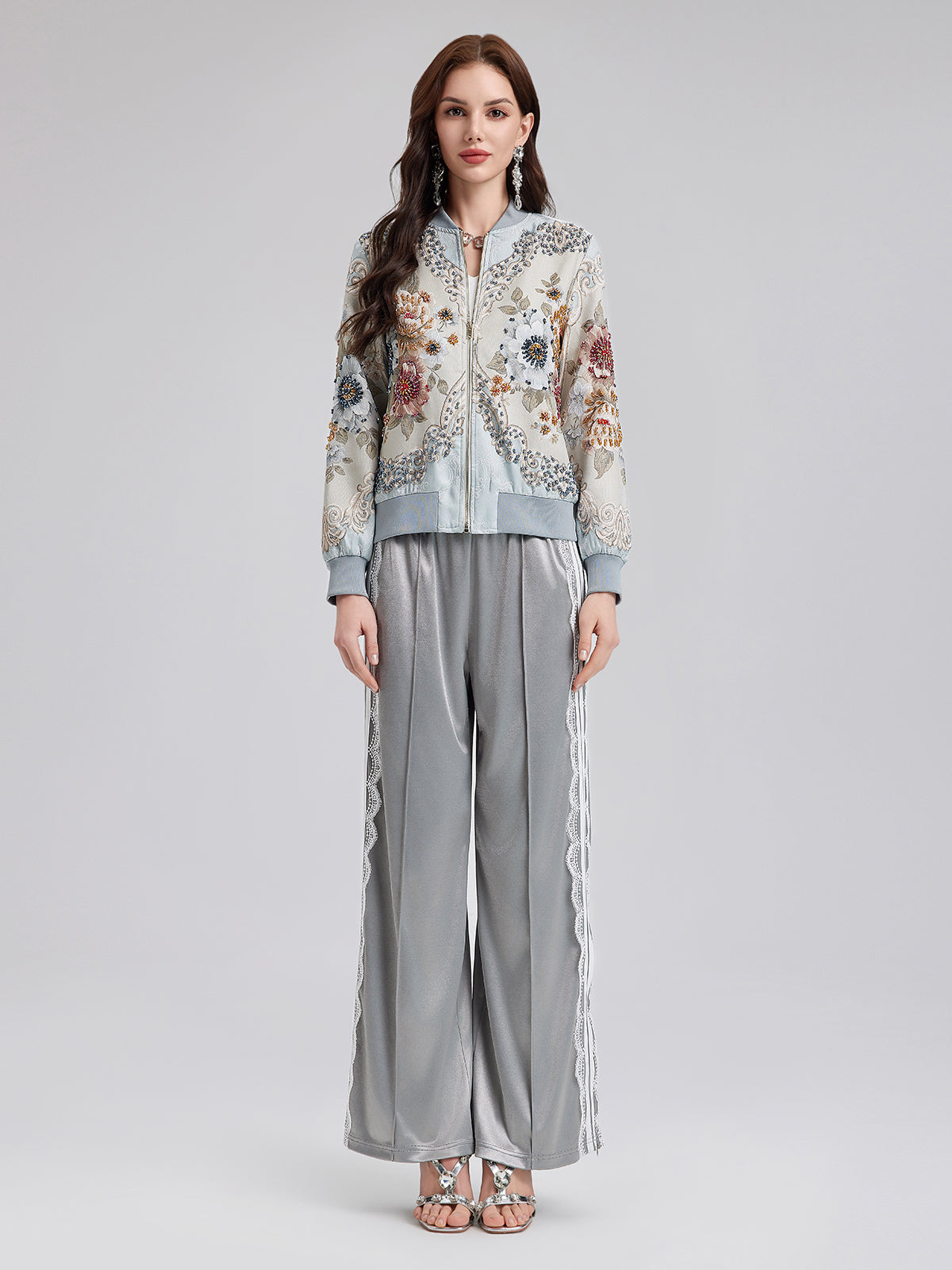Silver Lace Trim Wide Leg Pants