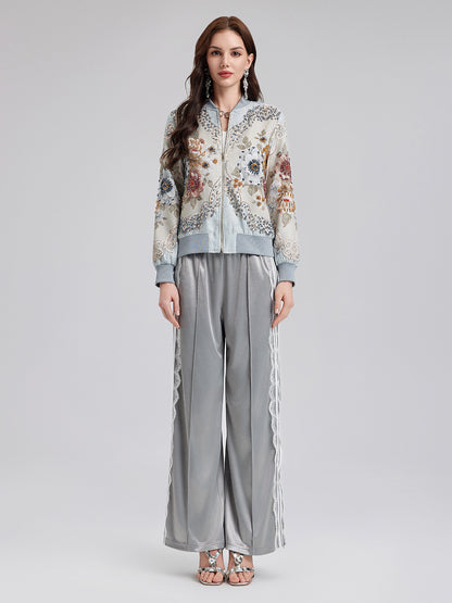 Silver Lace Trim Wide Leg Pants