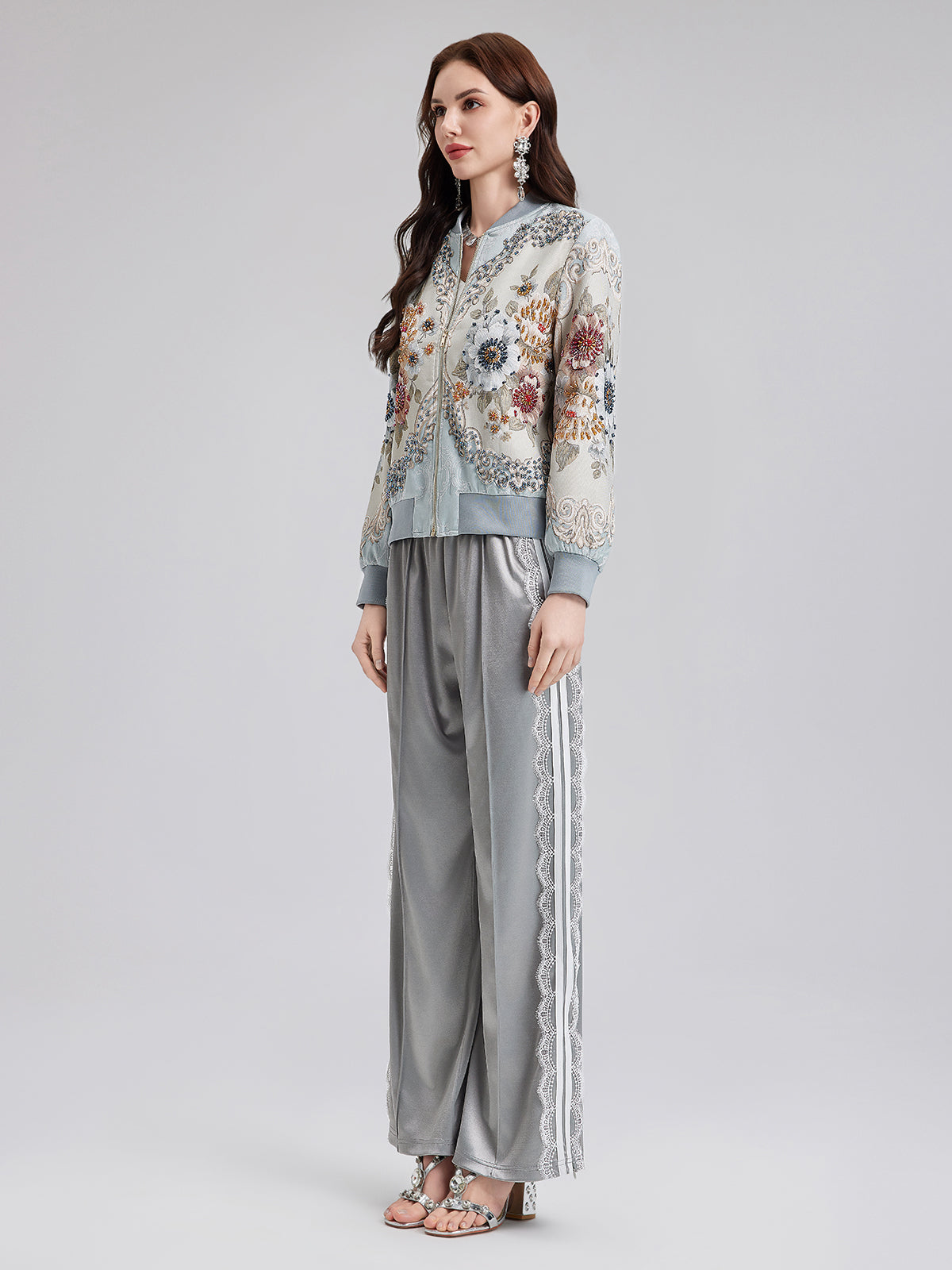 Silver Lace Trim Wide Leg Pants