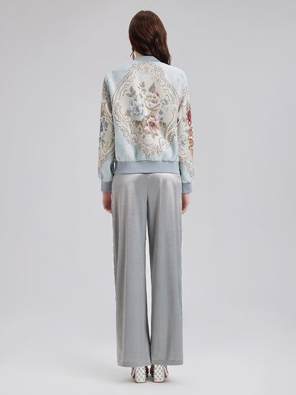 Silver Lace Trim Wide Leg Pants