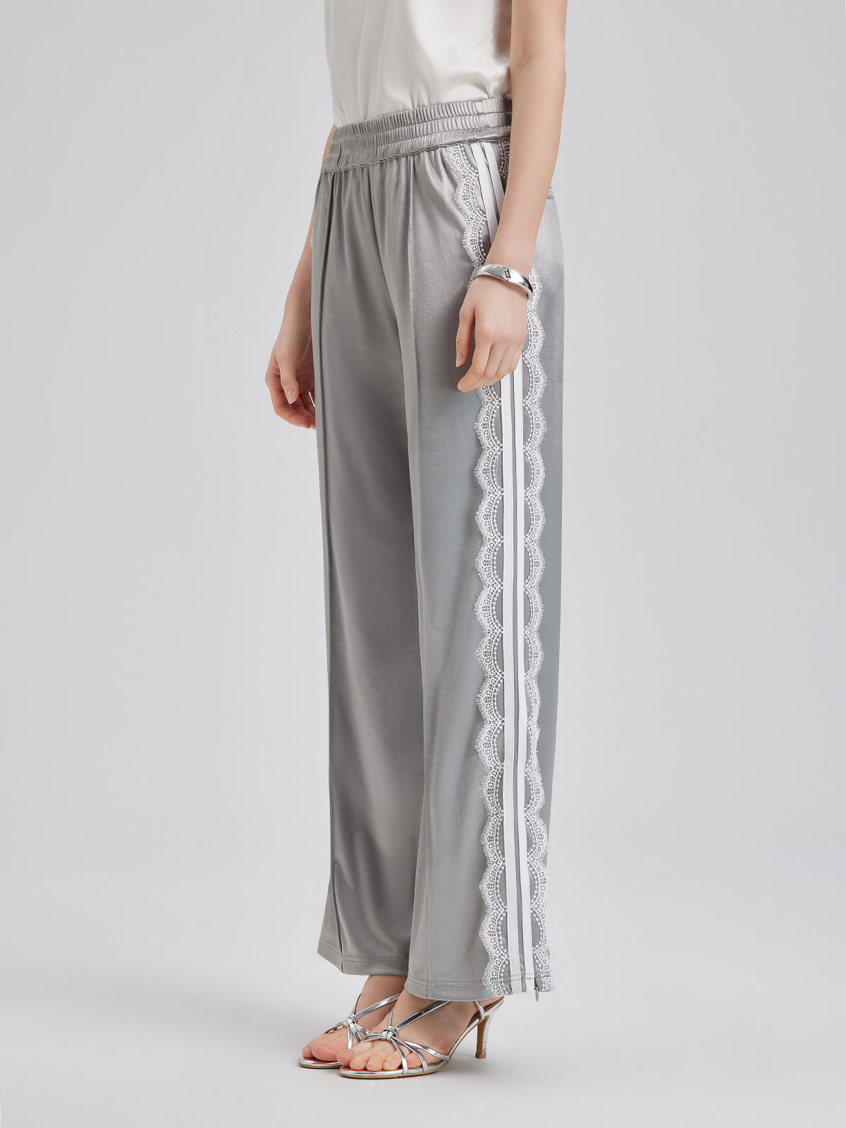 Silver Lace Trim Wide Leg Pants