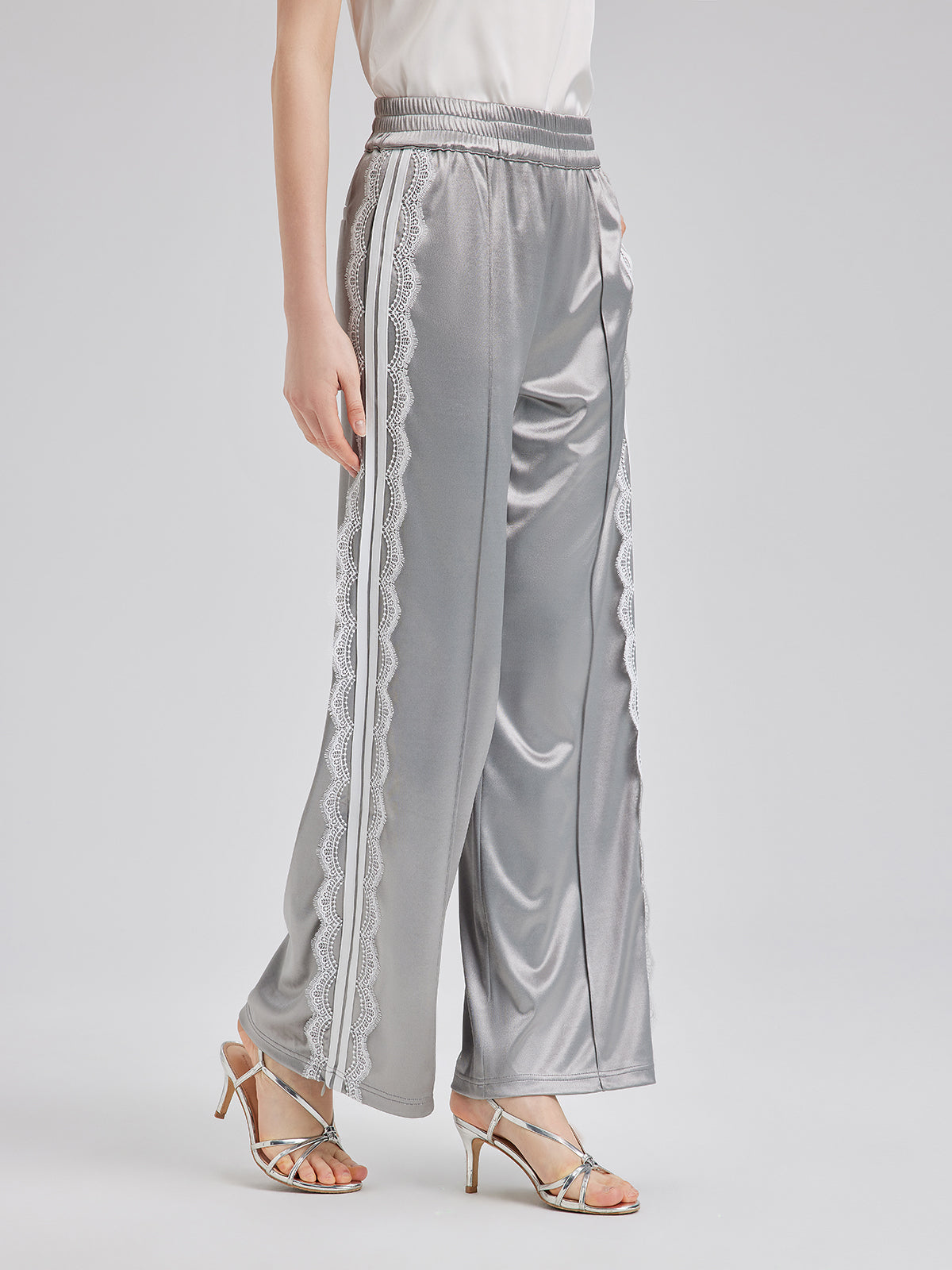 Silver Lace Trim Wide Leg Pants