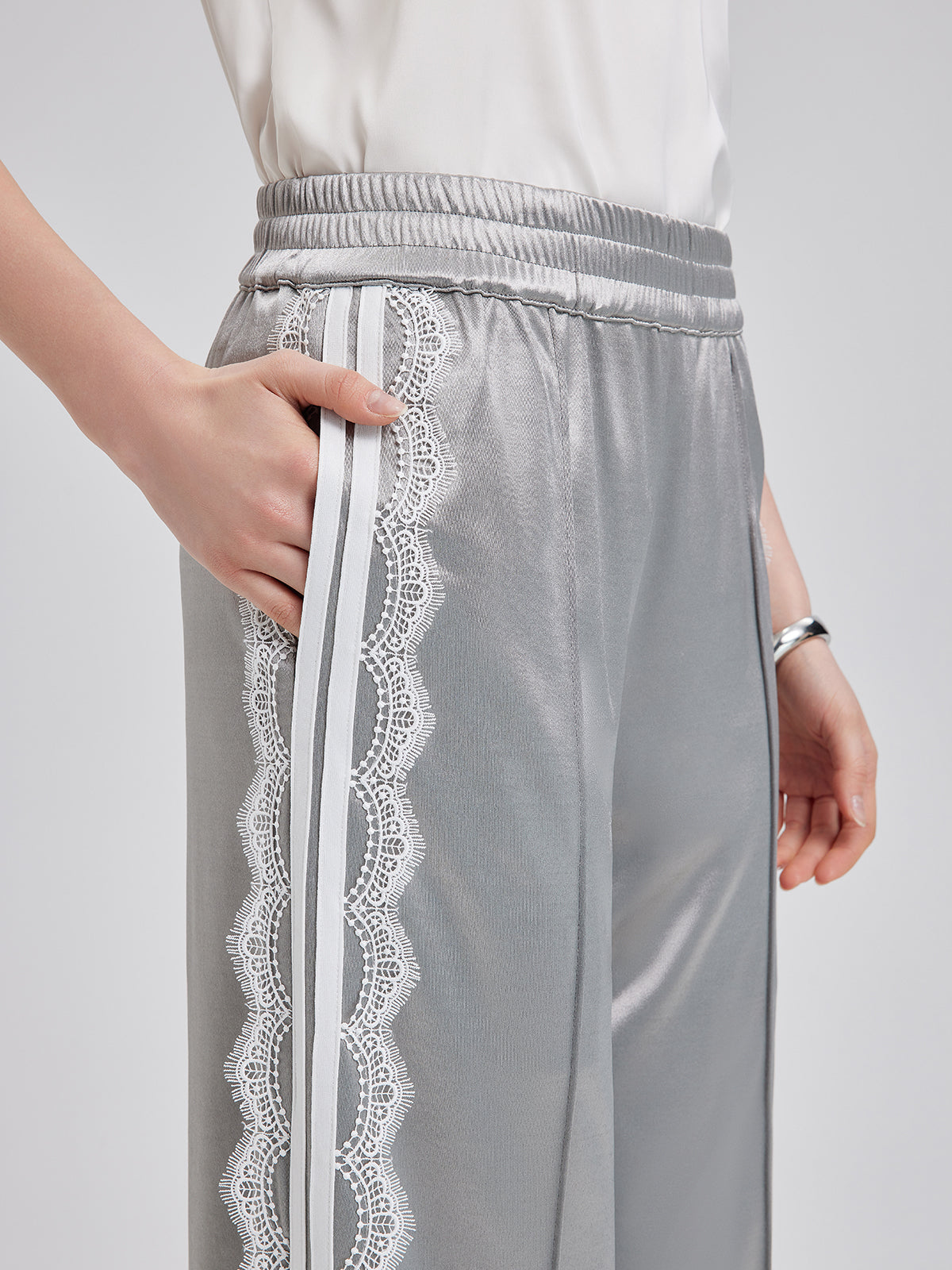 Silver Lace Trim Wide Leg Pants