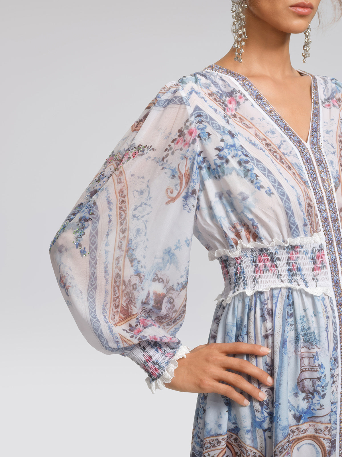 Printed Rhinestone Smocked Waist Dress