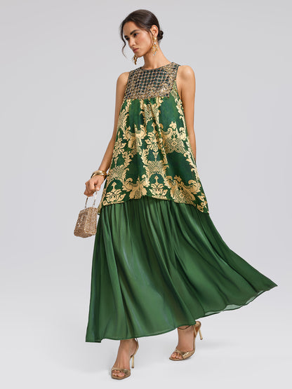 Pleated Jacquard Chiffon Beaded Gown