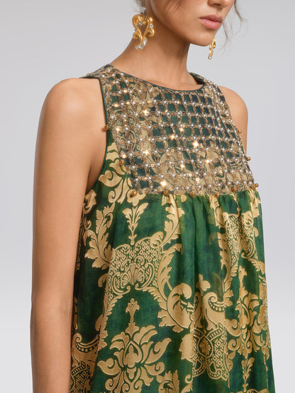 Pleated Jacquard Chiffon Beaded Gown