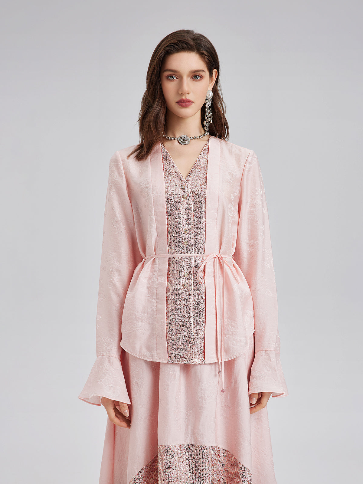 Sequin-Trimmed Jacquard V-Neck Blouse
