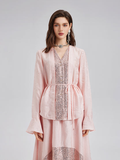 Sequin-Trimmed Jacquard V-Neck Blouse