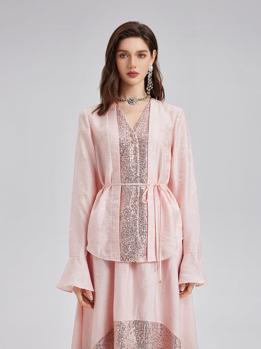 Sequin-Trimmed Jacquard V-Neck Blouse
