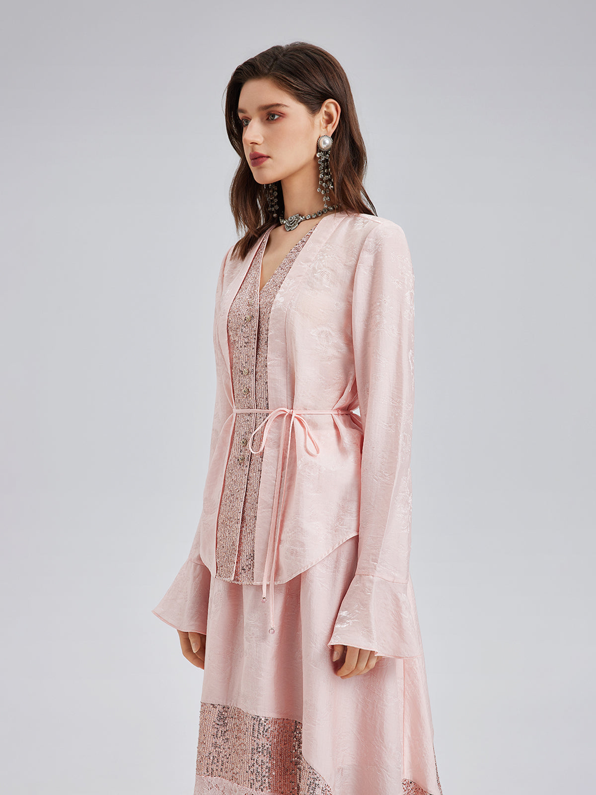 Sequin-Trimmed Jacquard V-Neck Blouse