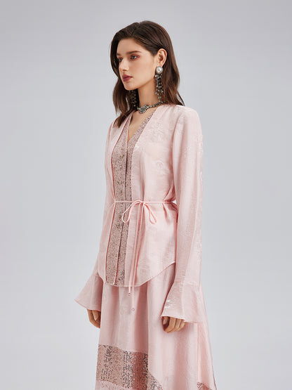Sequin-Trimmed Jacquard V-Neck Blouse