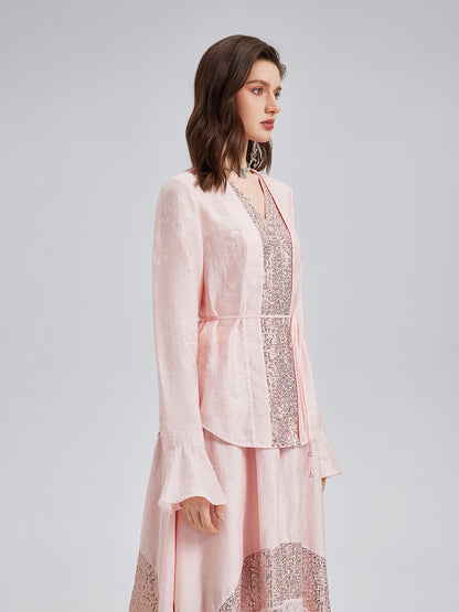 Sequin-Trimmed Jacquard V-Neck Blouse