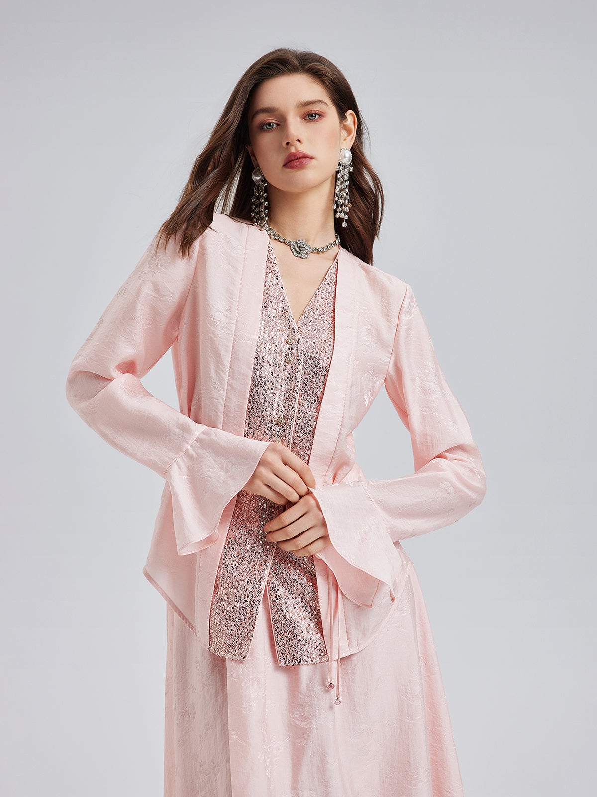 Sequin-Trimmed Jacquard V-Neck Blouse