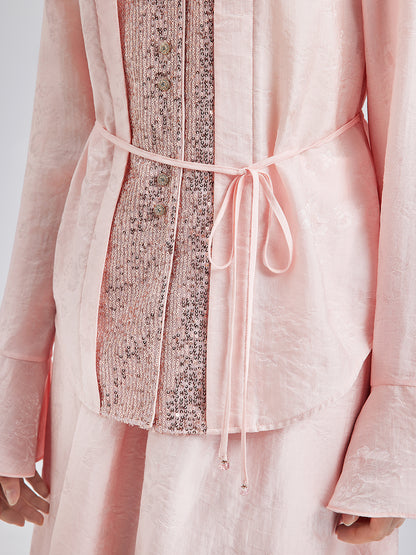 Sequin-Trimmed Jacquard V-Neck Blouse
