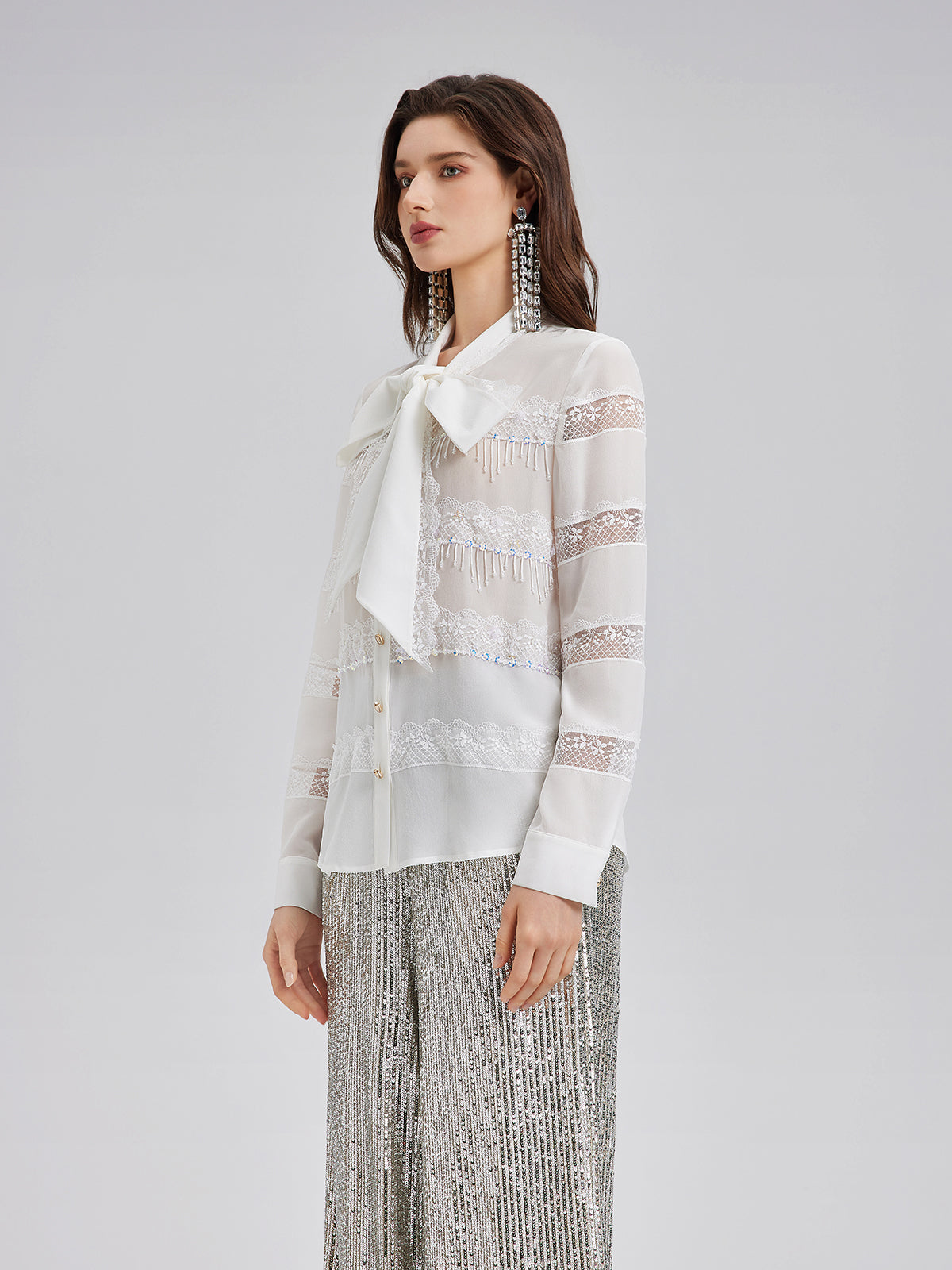 Hand-Beaded Lace Panel Shirt