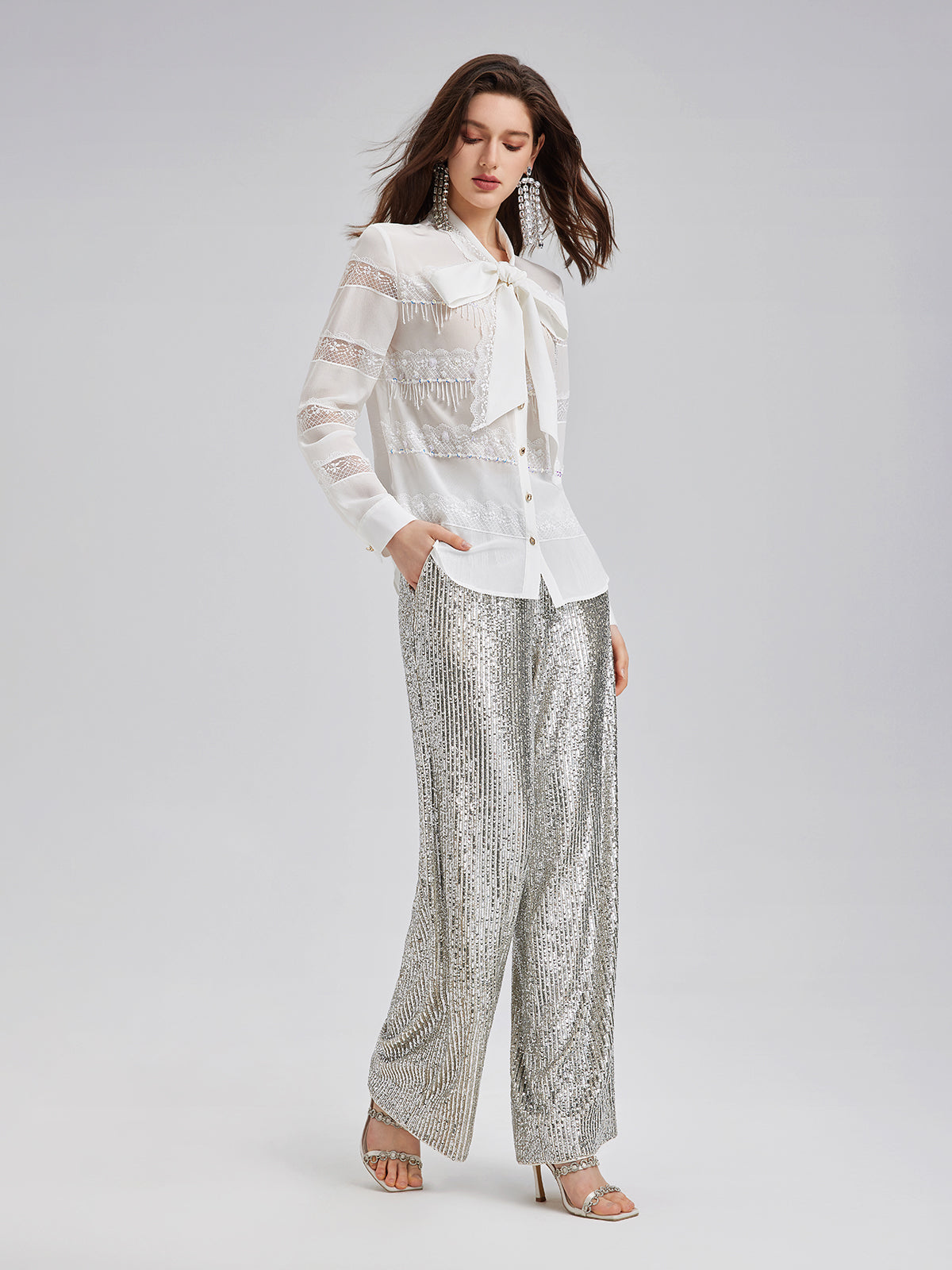 Hand-Beaded Lace Panel Shirt