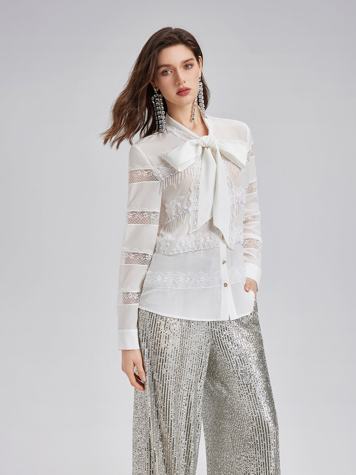 Hand-Beaded Lace Panel Shirt
