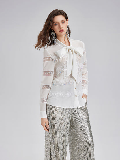 Hand-Beaded Lace Panel Shirt