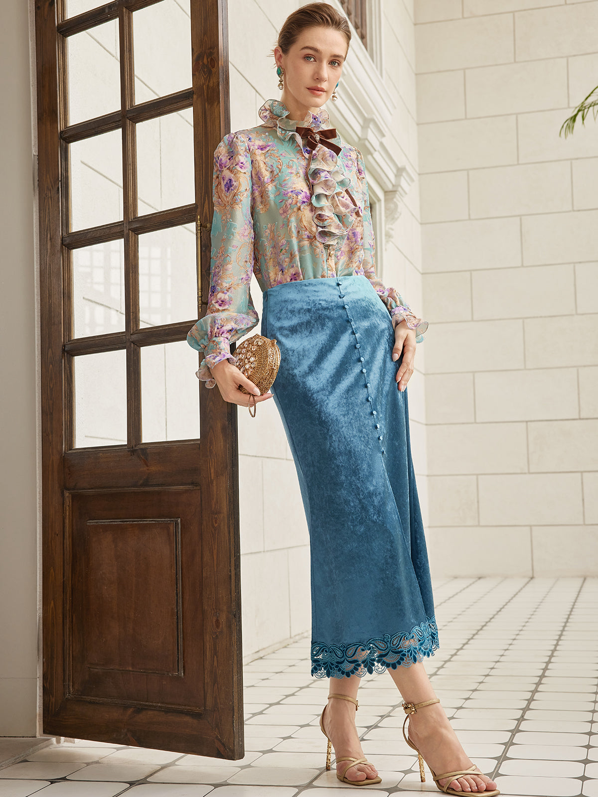 Velvet Lace-Trim Front Slit Fishtail Skirt