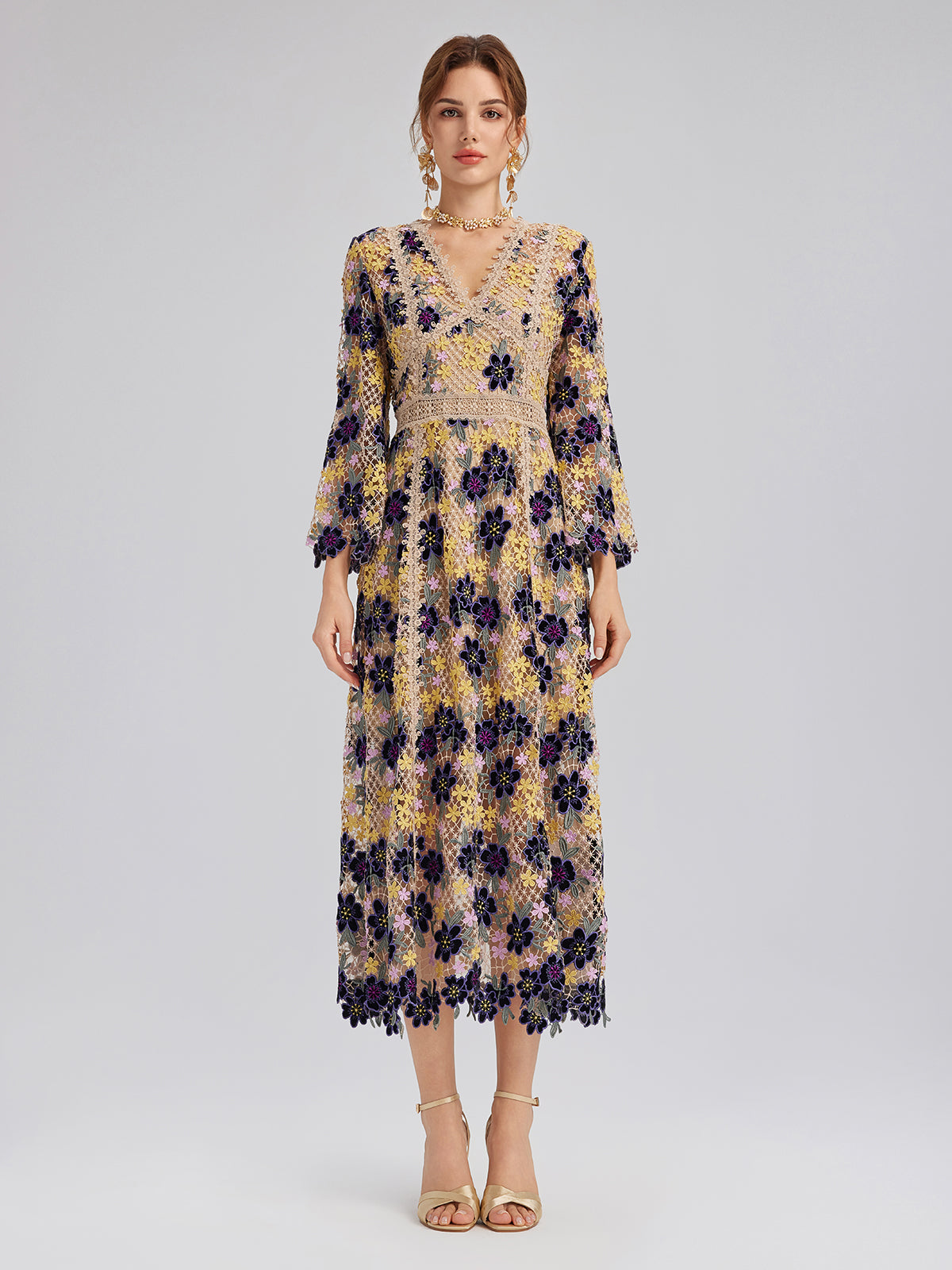 Multicolor Floral Embroidered Lace Dress