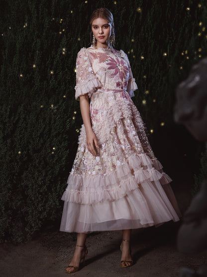 3D Floral Sequin Tulle Ruffle Dress