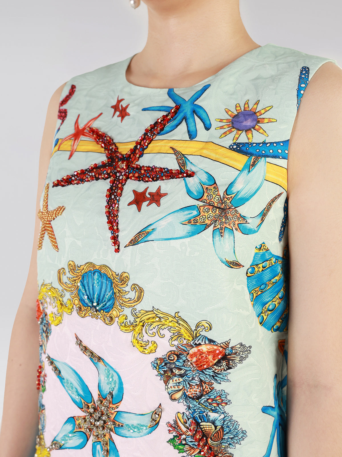 Hand Beaded Ocean Baroque Print Dress